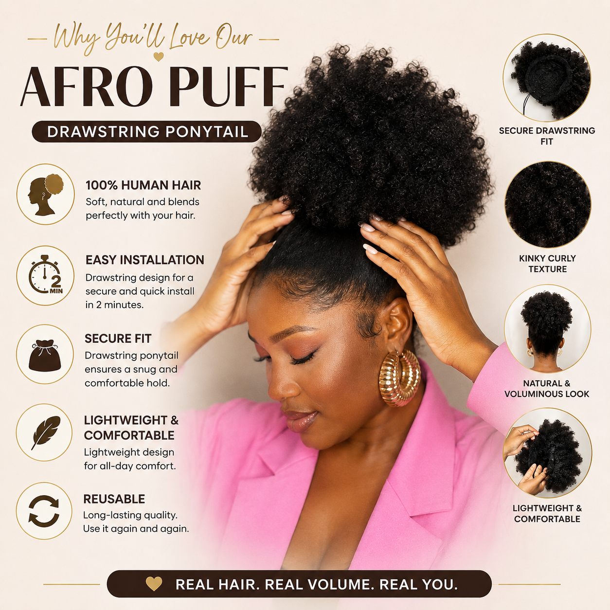 Afro Puff Drawstring Pferdeschwanz aus Echthaar – Kinky Curly Clip-In Haarverlängerung für Afro Haar | 14 Zoll | 100 g
